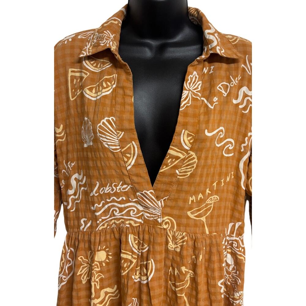 Anthropologie Dress Small Brown Lobster Martini Tier Midi V Shift 3/4 Boho EUC - Picture 2 of 11